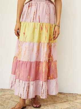 Kavita Bhartia Boho Tiered Prairie Maxi Skirt Pink Yellow Artisan Cottagecore L